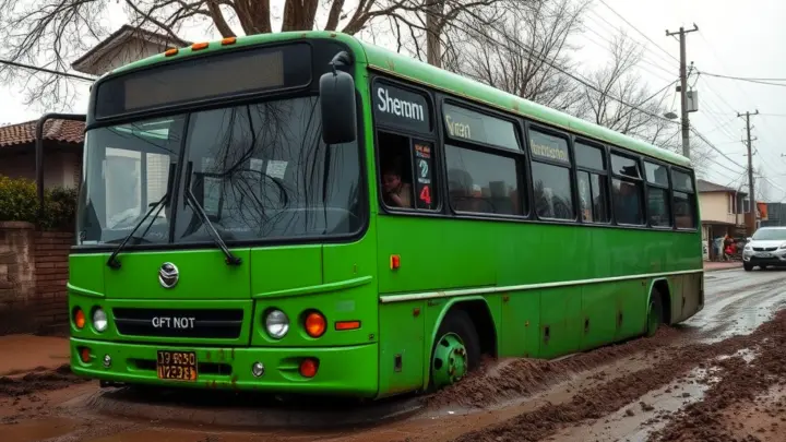 Автобус застрял в грязи в Челябинске на всю ночь