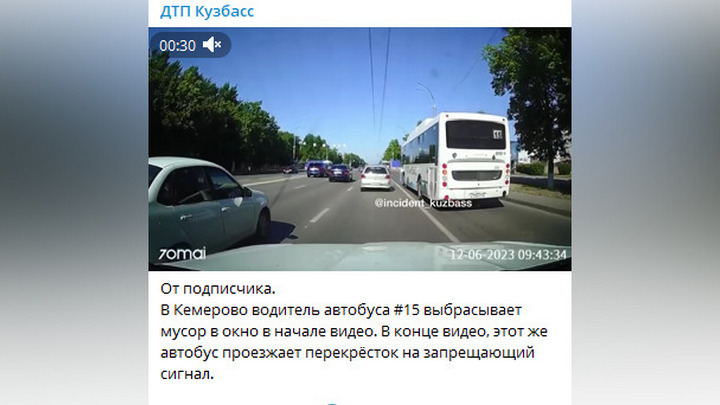 Очевидцы: водитель кемеровского автобуса проехал на красный свет и насвинячил