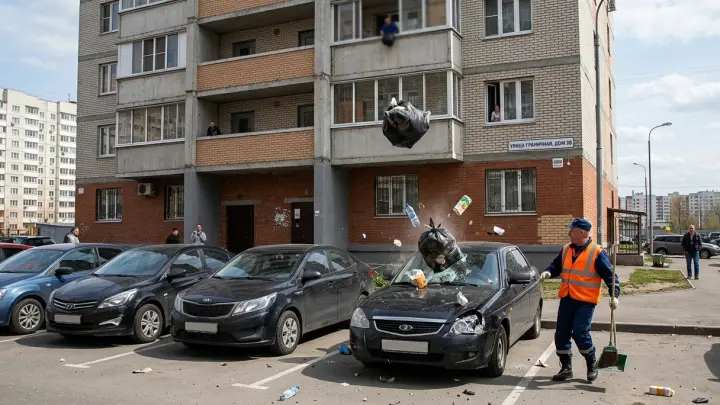 Неизвестные закидали машины и дворника бутылками с высоты