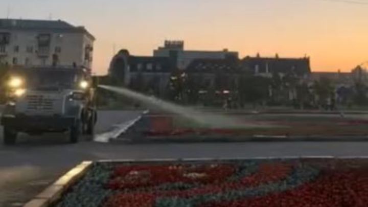 В жару подрядчики прибивают водой цветы к земле