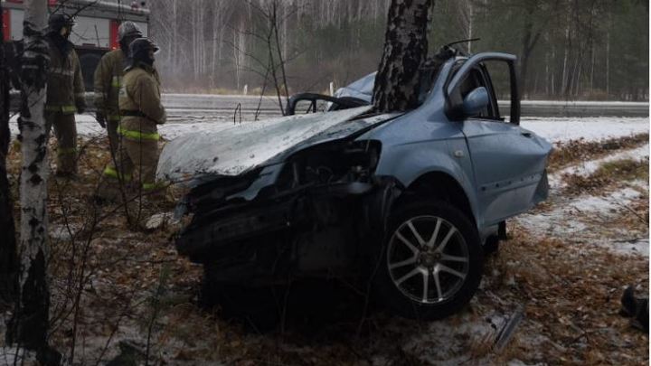 На трассе под Челябинском авто сложилось пополам, врезавшись в дерево