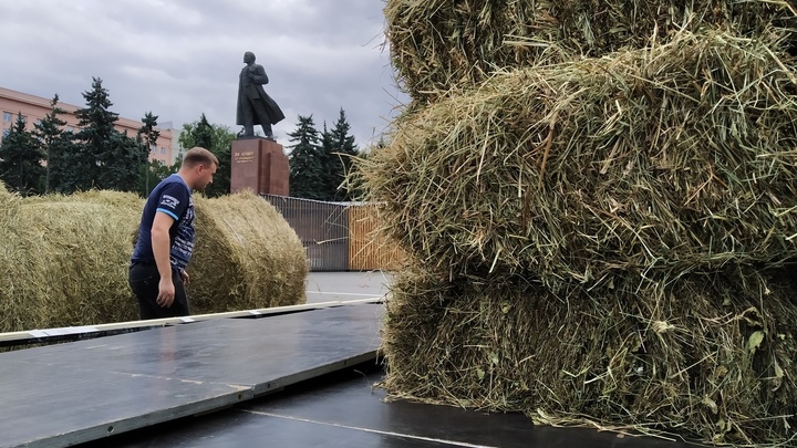 В Челябинске на площадь Революции привезли много сена