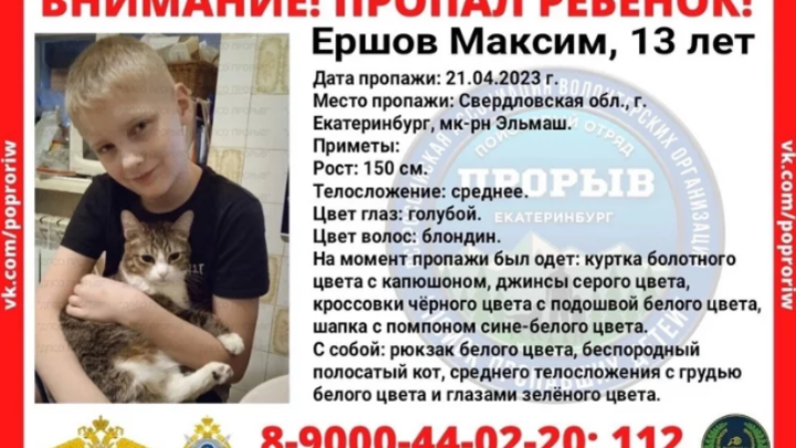 В Екатеринбурге потерялся 13-летний мальчик с полосатым котом