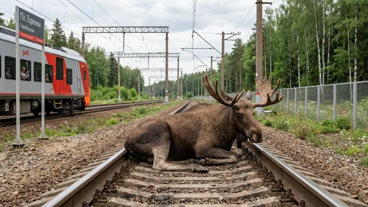Лось разлёгся на путях на железнодорожном участке МЦД-4 Балашиха — Реутов