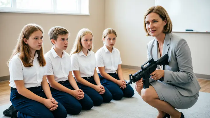 Челябинская школа объяснила скандальное фото с подростками на коленях и учителем с автоматом