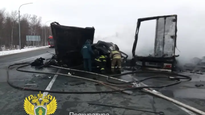 На трассе в Новосибирской области столкнулись три фуры и загорелись