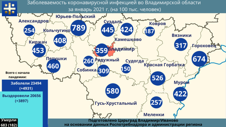 Какие районы Владимирской области больше всего болели коронавирусом в январе 2021 года