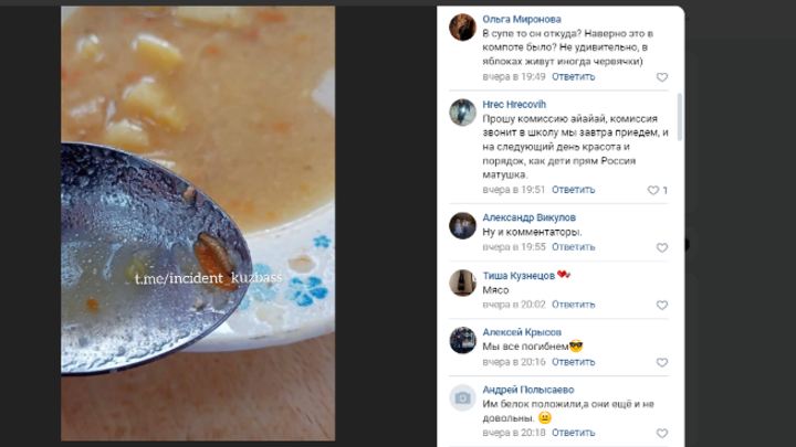 Червя в тарелке с супом обнаружил школьник из Кузбасса