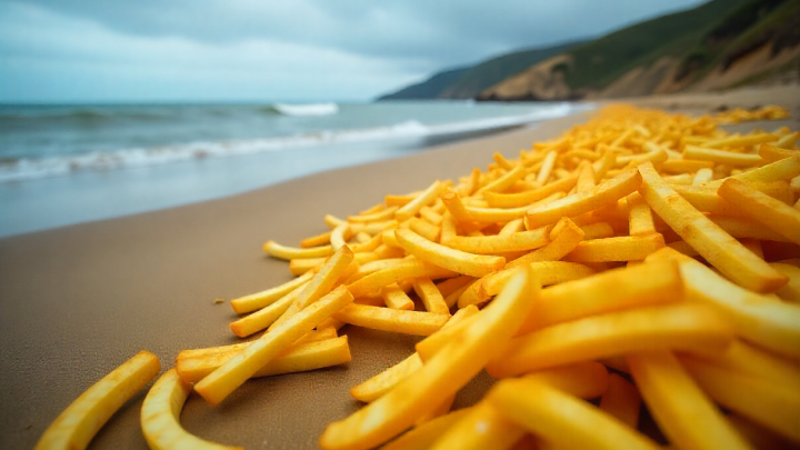 Британский пляж завалило тоннами картофеля фри после шторма