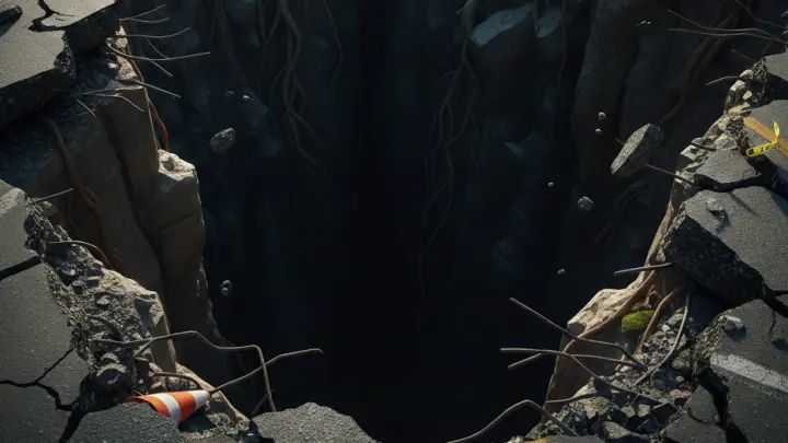 Огромный перекрёсток вместе с фурой провалился в бездну в Шанхае: видео