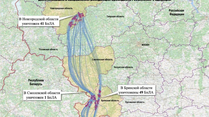 Минобороны России показало карту полёта украинских дронов к резиденции президента