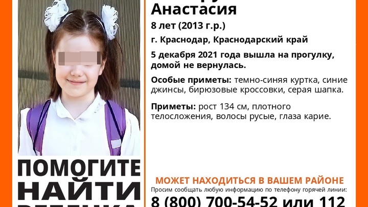 В Краснодаре во время прогулки пропала восьмилетняя девочка