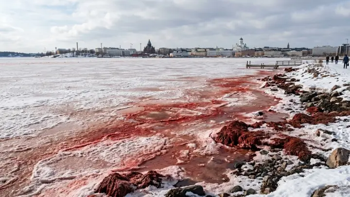 Кровавый лёд Хельсинки: Финский залив окрасился в оттенки красного