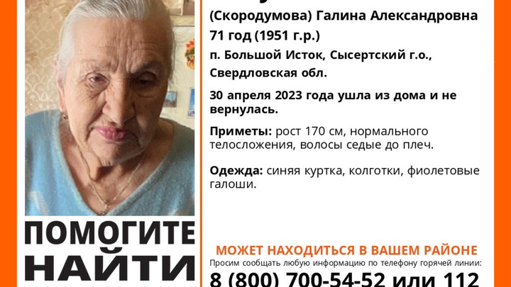 Под Екатеринбургом разыскивают пожилую женщину, одетую в фиолетовые галоши