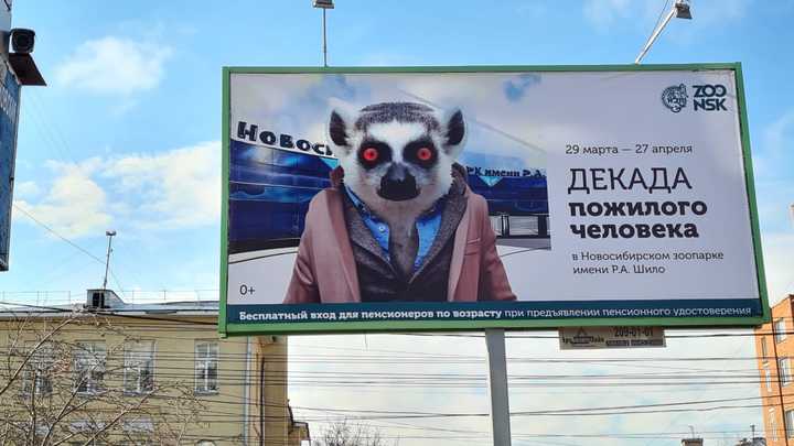На рекламном баннере Новосибирского зоопарка пенсионера изобразили в виде лемура в пиджаке