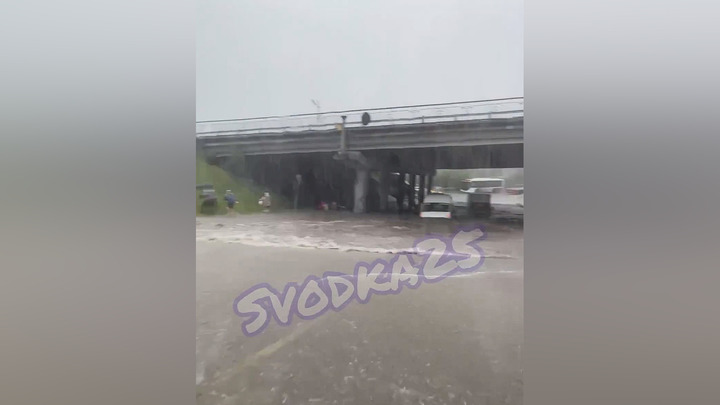 Во Владивостоке маршрутка утонула на дороге во время ливня