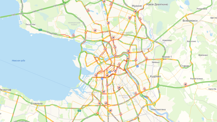 Вечером 24 февраля пробки в Санкт-Петербурге достигли девяти баллов