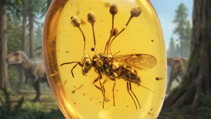 Зомби мелового периода: в янтаре нашли насекомое с проросшим из головы грибом