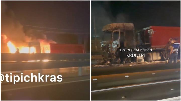 В Краснодаре ночью прямо на трассе загорелся грузовик