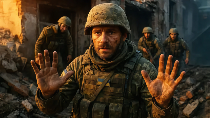 Украинский боевик показал непристойный жест русским, после чего спел гимн России